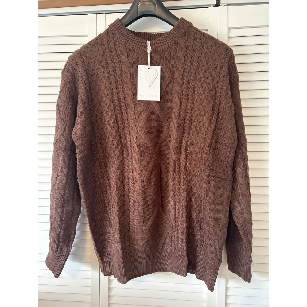 ELFRIC EDEN Brown Cable Knit Sweater Men's XXL Crew Neck Long Sleeve Pullover